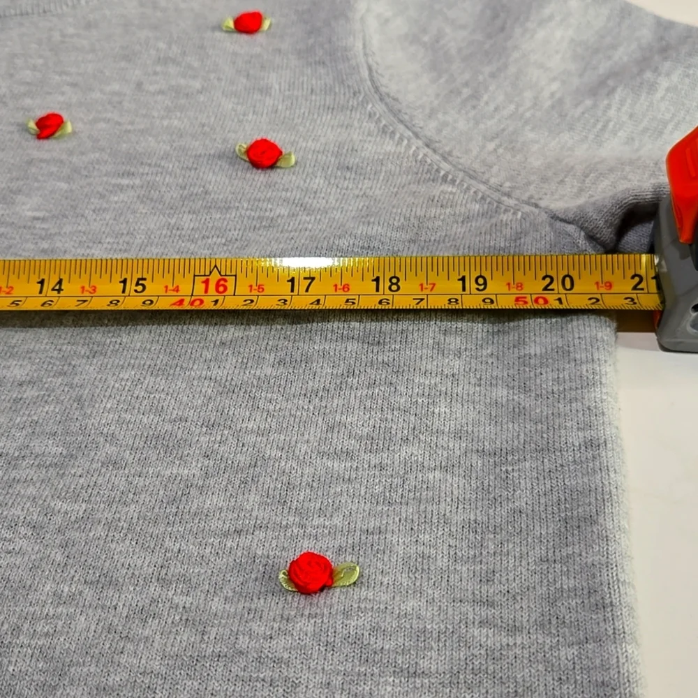 Gray Cardigan Sweater with Red Ribbon Rose Accents - Picture 9 of 13